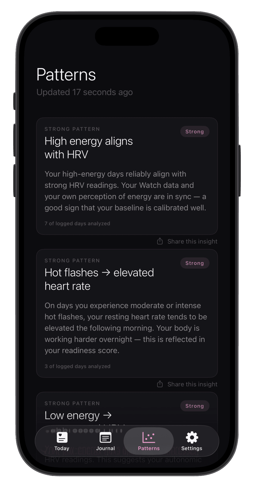 Nourava Patterns screen showing insights about energy, HRV, hot flashes, and heart rate